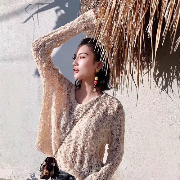 June Eleven Open Knit Sheer Elegant V-Neck Sweater in Cream - Picture 7 of 8